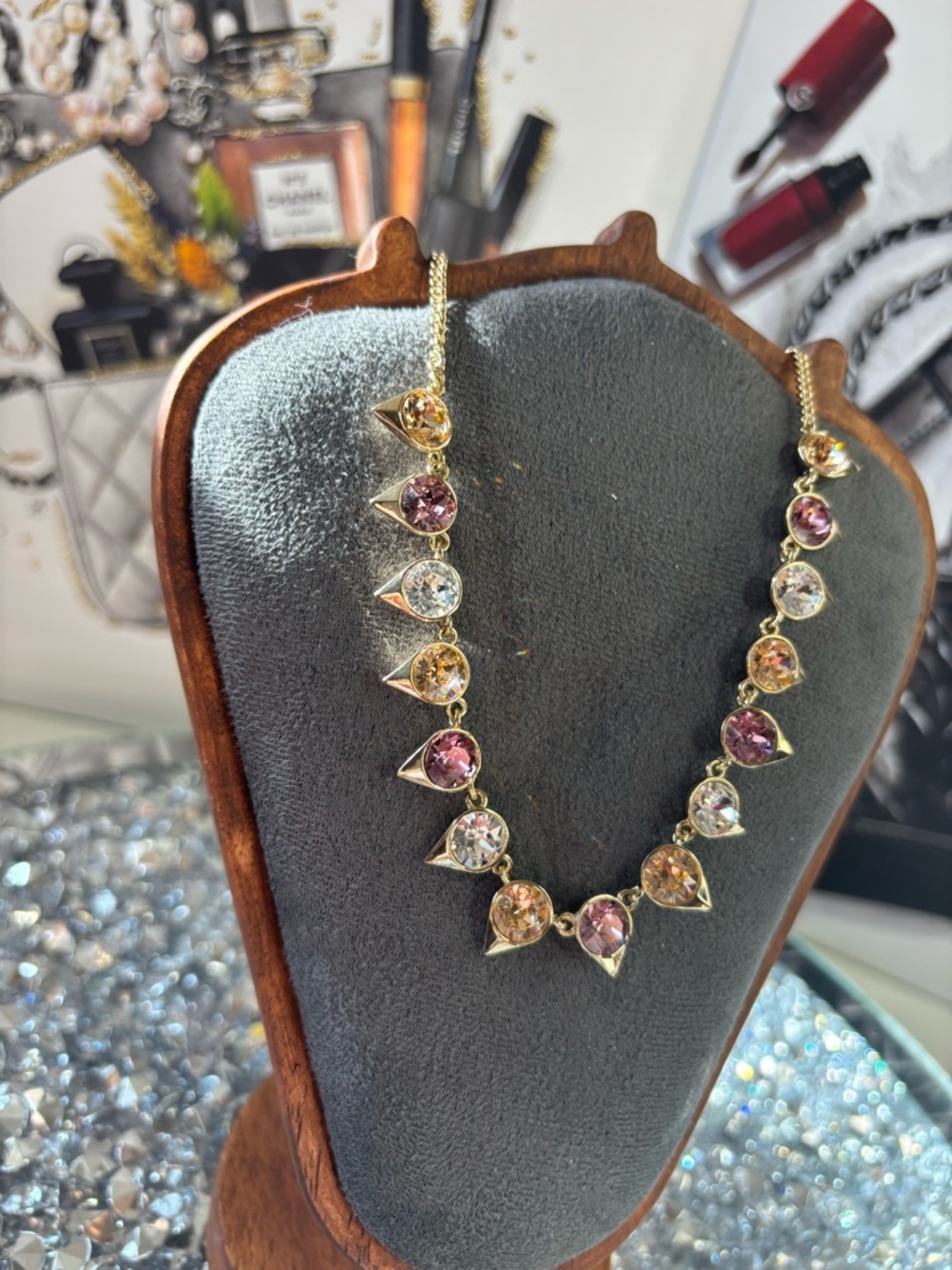 Givenchy multicolor Swarovski crystal necklace in gold tone NWOT - Picture 4 of 12